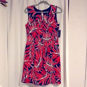 Blue and red knee length dress.